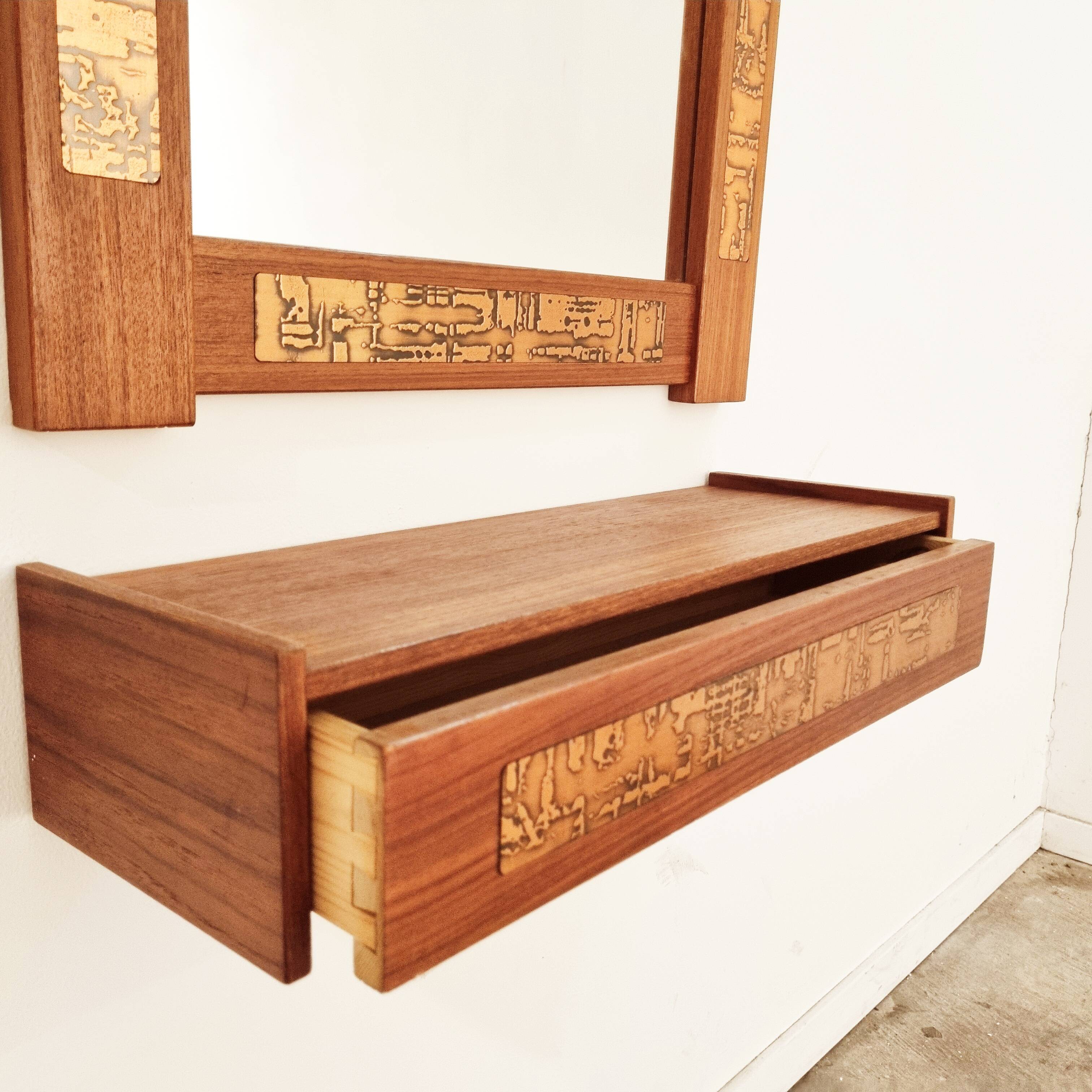 Mid-Century Teak and Copper Hallway Set with Mirror and Shelve, 1960s, Set of 2