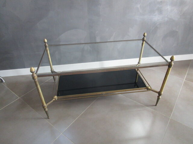 Coffee table 70's glass and brass Hollywood regency style