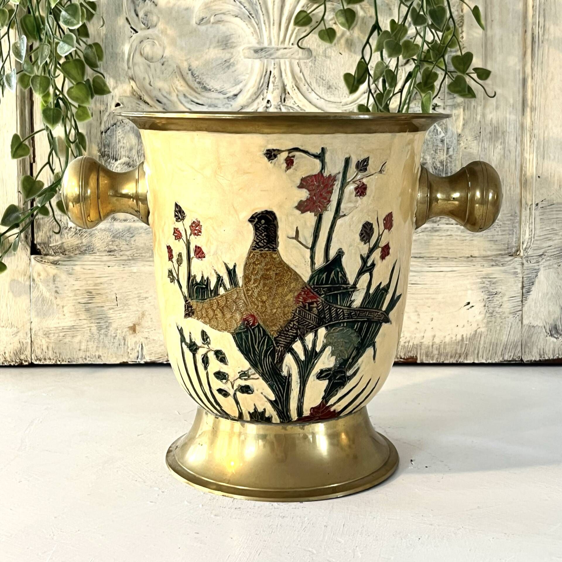 Cloisonne Ice Bucket, Vintage French Peach Enamel Pheasant Floral Desi