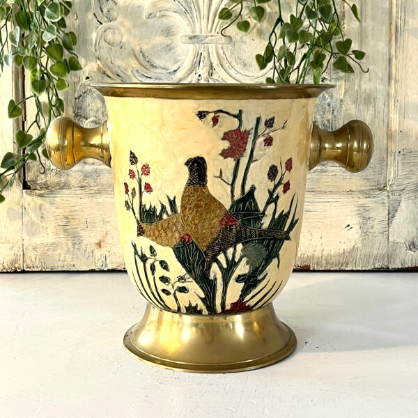 Seau à glace Cloisonné, vintage français en émail pêche avec motif floral de faisan.