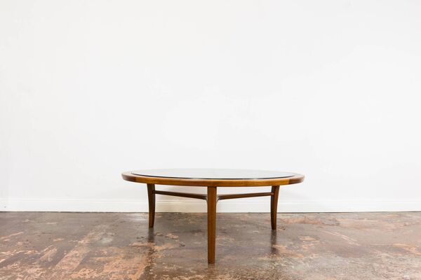 Table basse ronde scandinave en teck avec plateau en verre, années 1960.