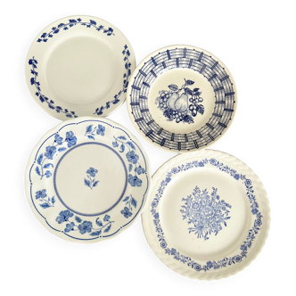 Lot 4 assiettes dessert vintage dépareillées porcelaine bleue et blanche signées lot E