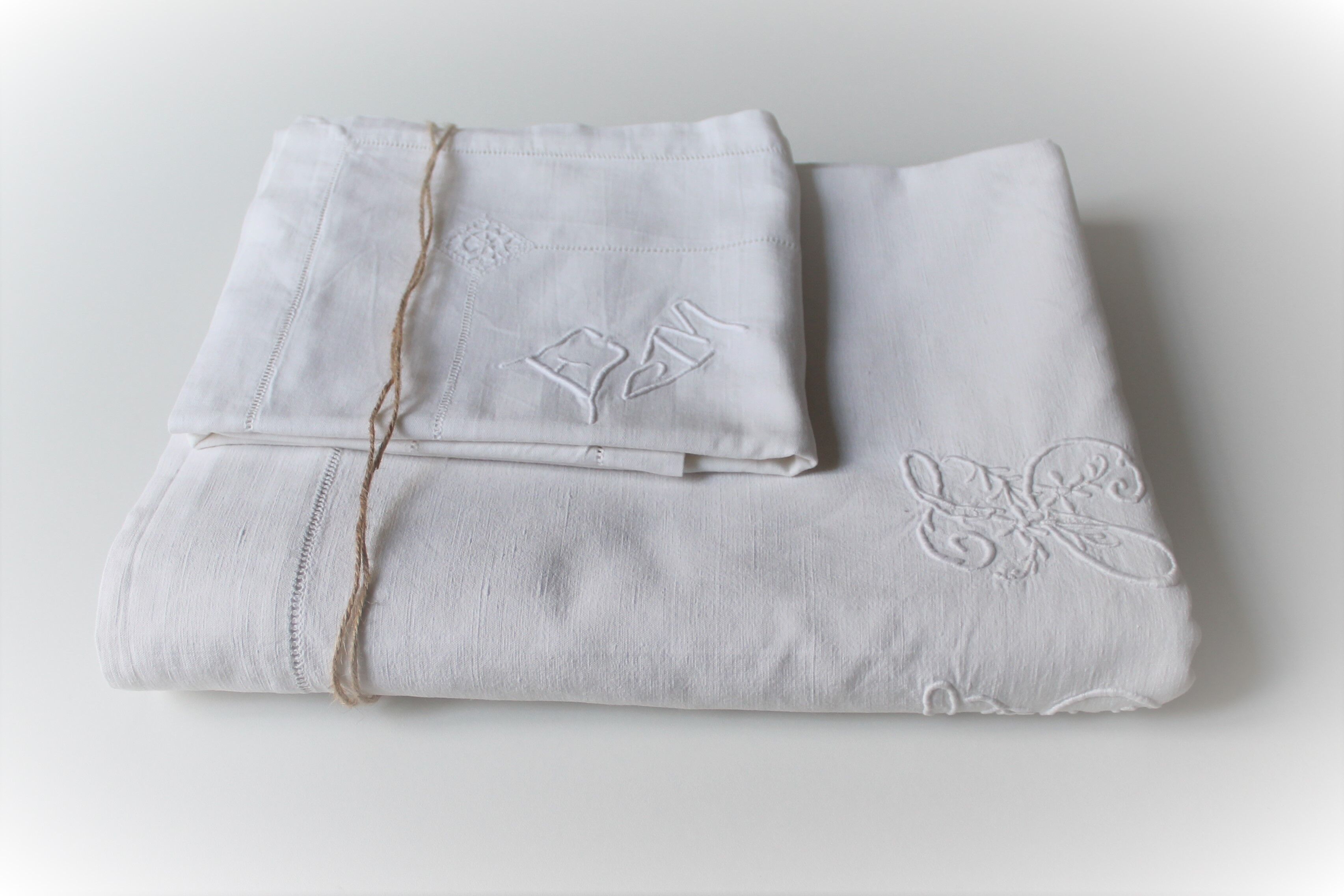 SHEET & PILLOW CASE PILLOW OLD LINEN EMBROIDER HAND