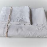 Drap & taie oreiller anciens en lin brodés main