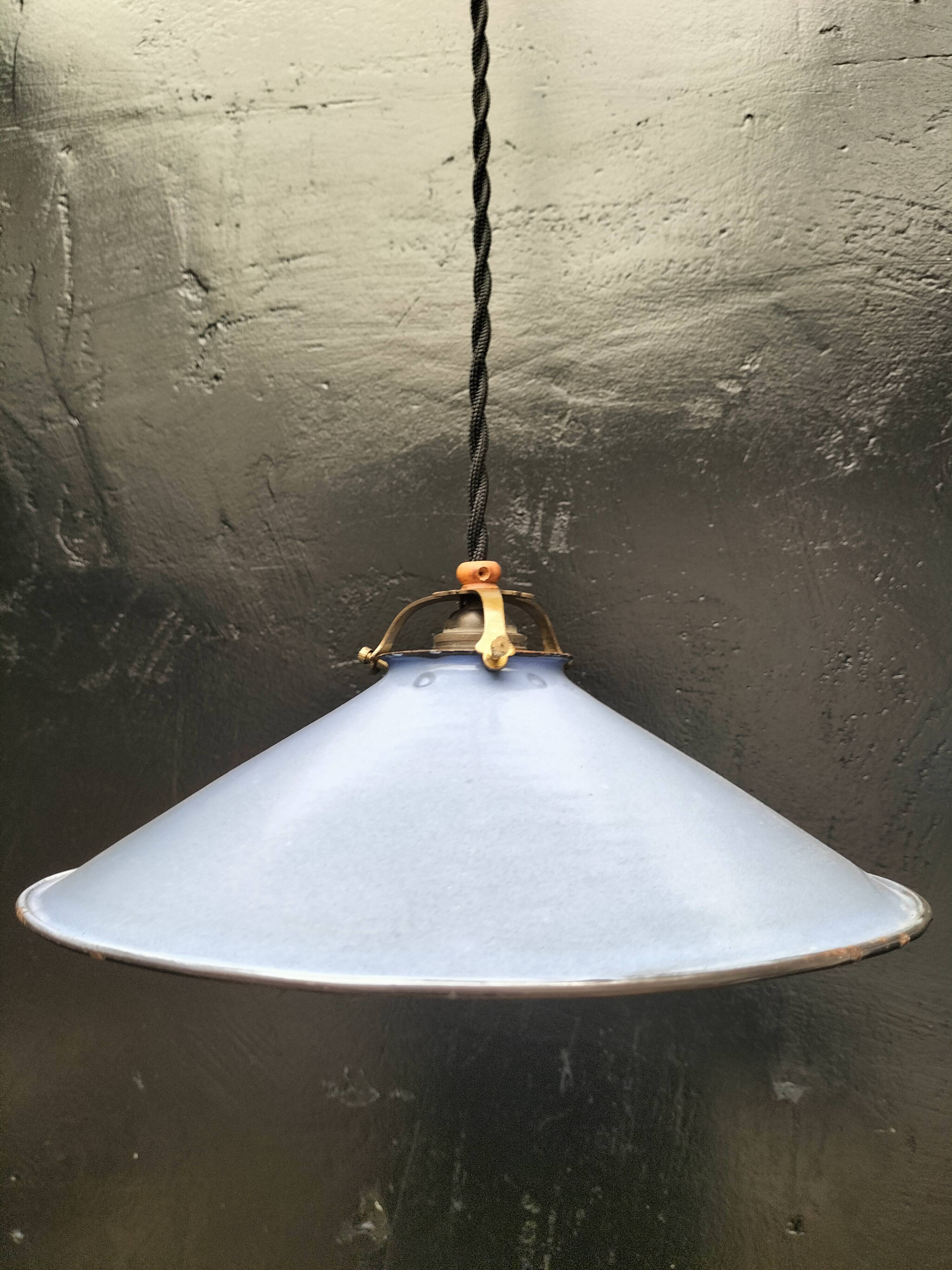 Pair of blue enameled sheet metal pendant lights