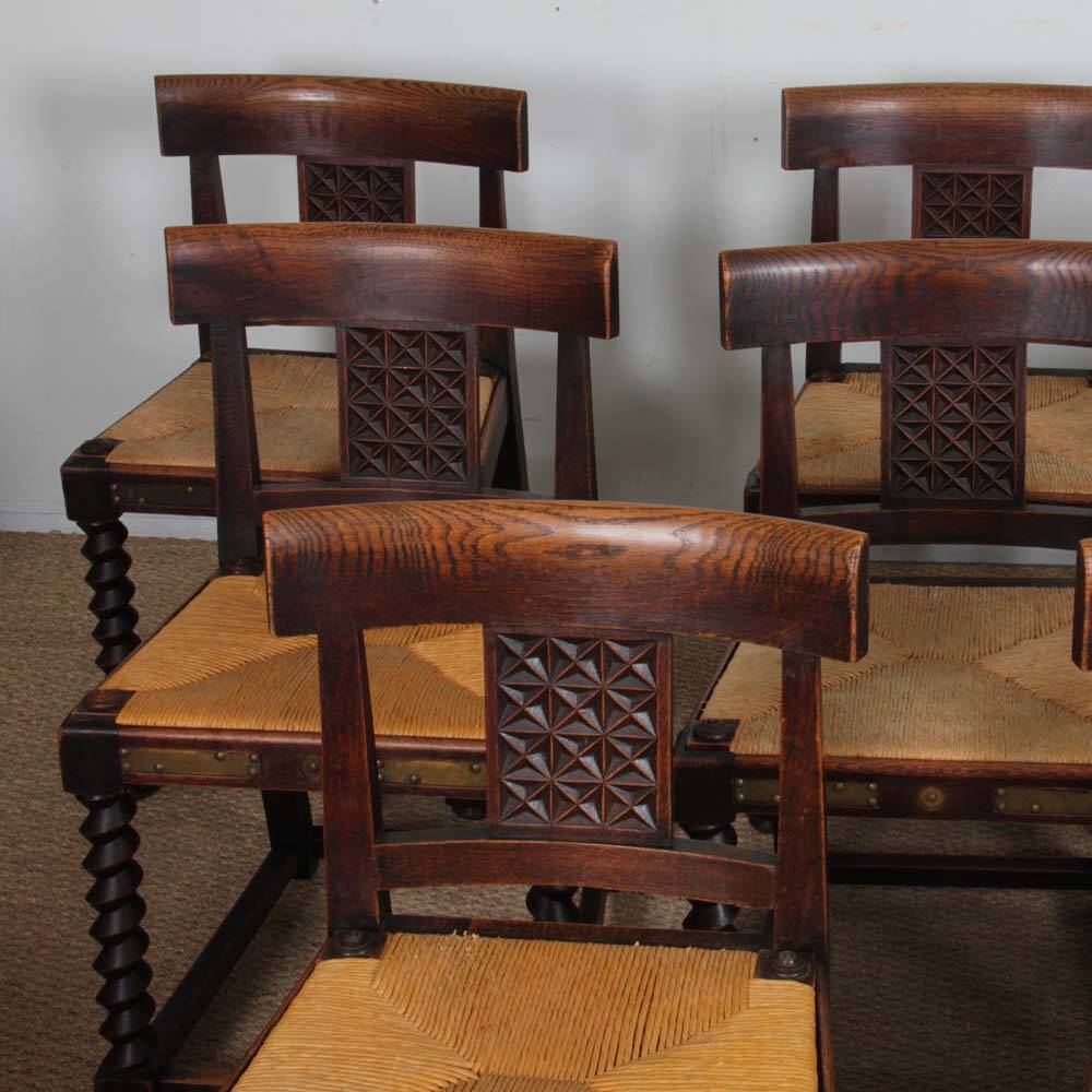 Set of 8 wooden chairs, Breton work from the 1940s.