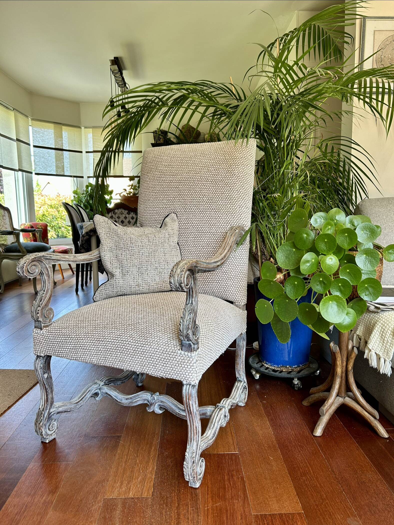 Restored Louis XIII armchair – textured beige fabric