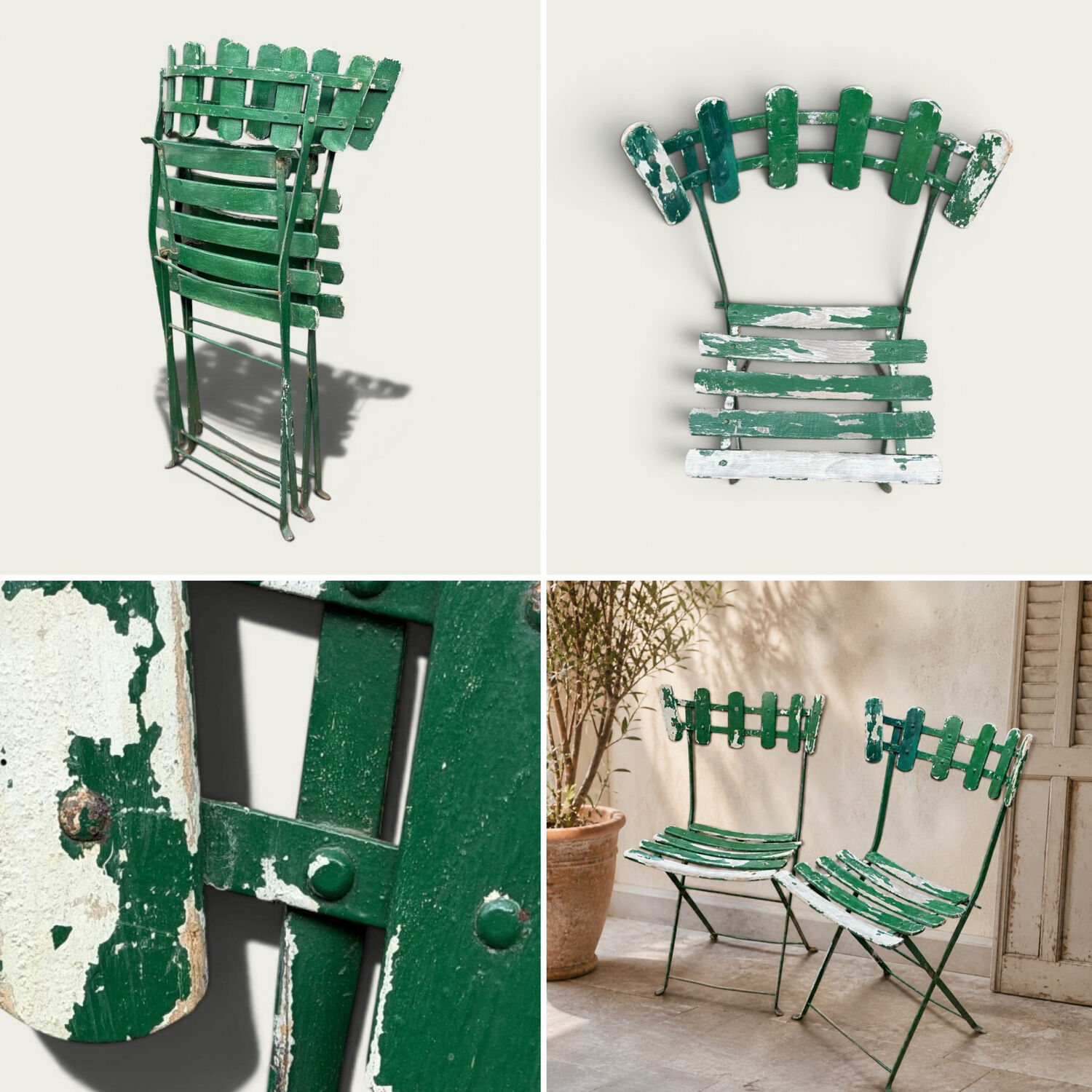 Pair of original patinated folding Parisian bistro chairs.