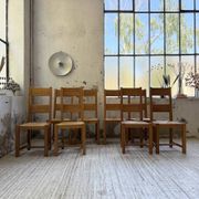 Set of 8 blond oak chairs with straw seats