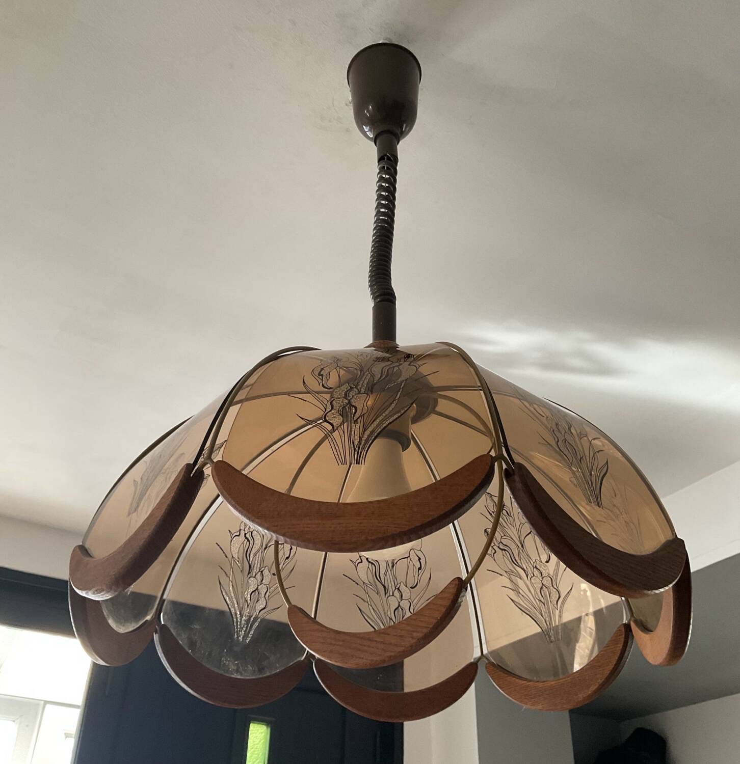 Scandinavian style glass and wood pendant light.