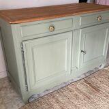 Pastel green low buffet, raw wood tray