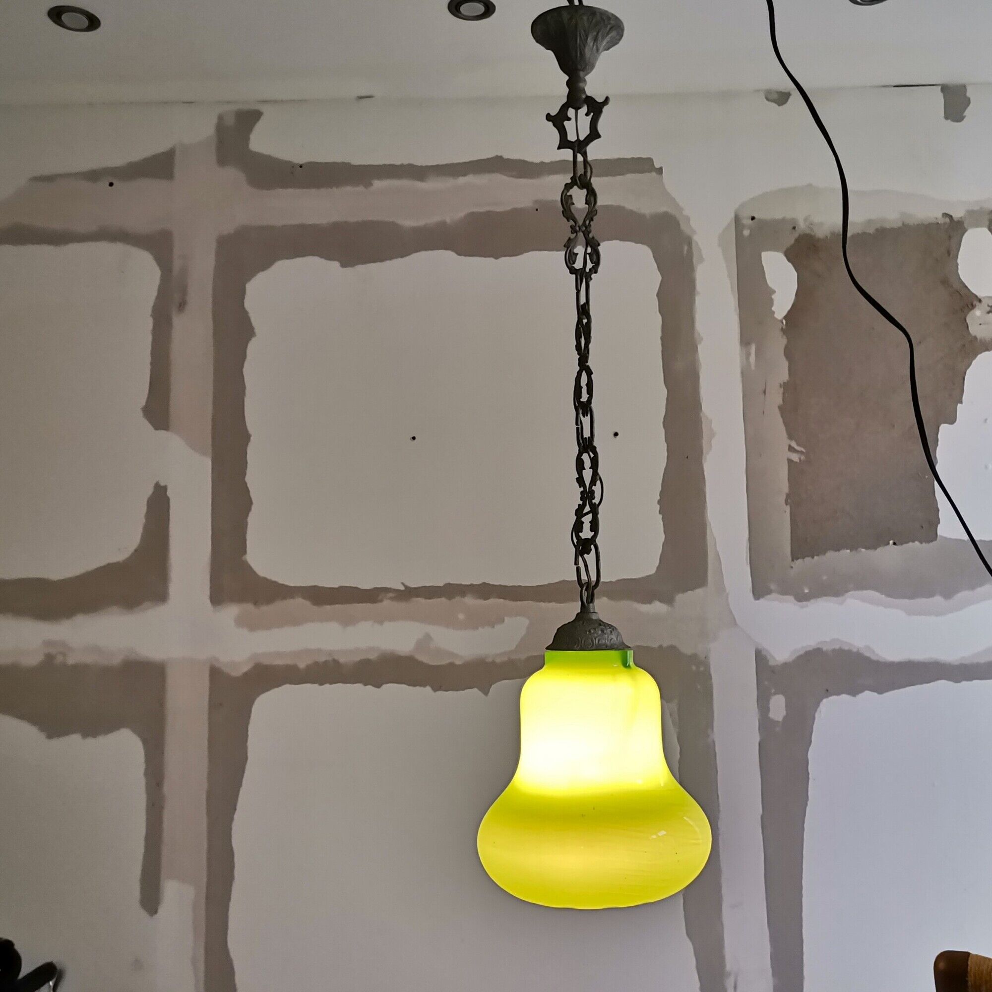 Mid-century portuguese green opaline glass hanging lamp 1960s