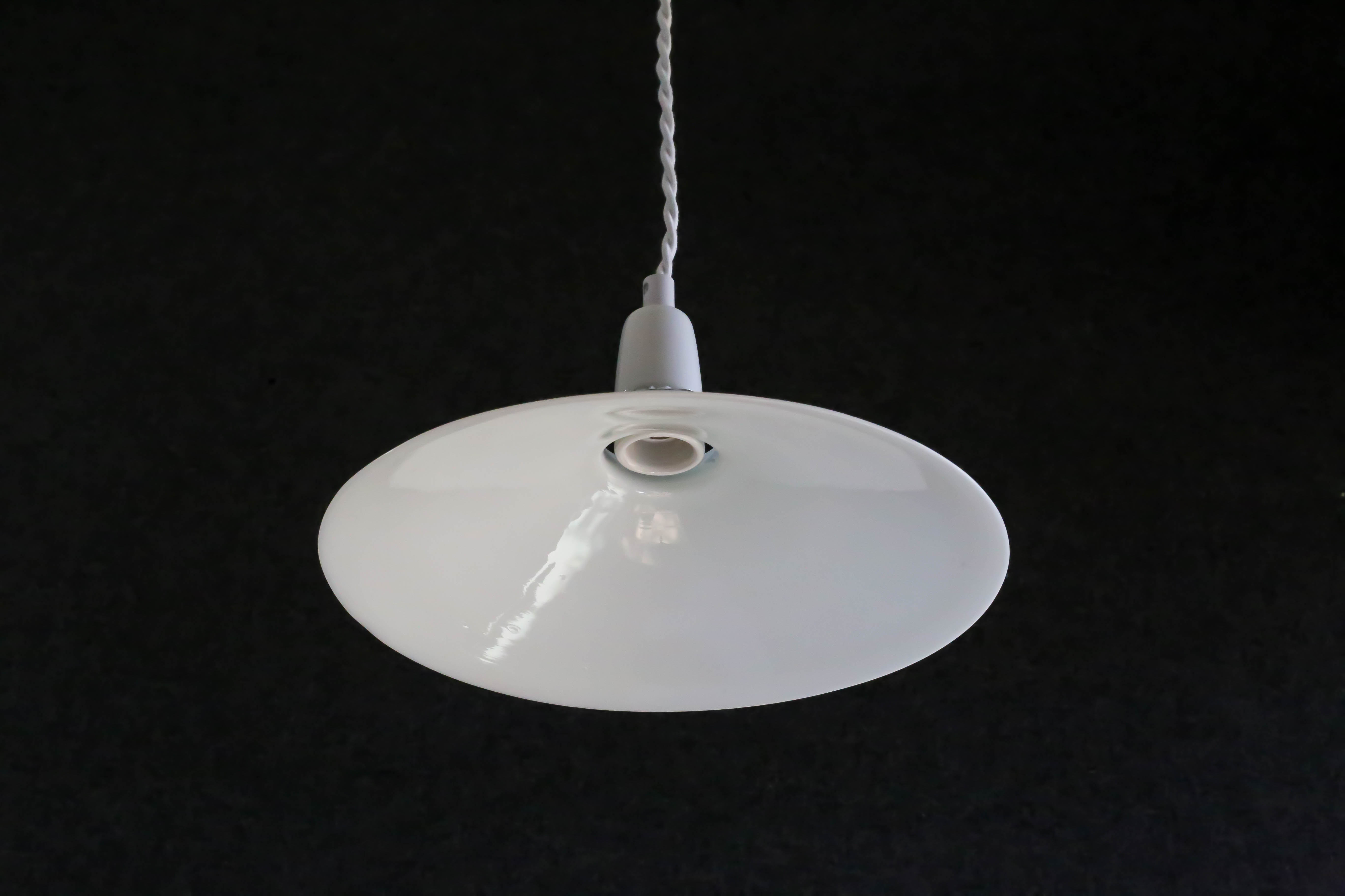 White smooth opaline glass pendant light - supplied with porcelain socket, cable and white bracket