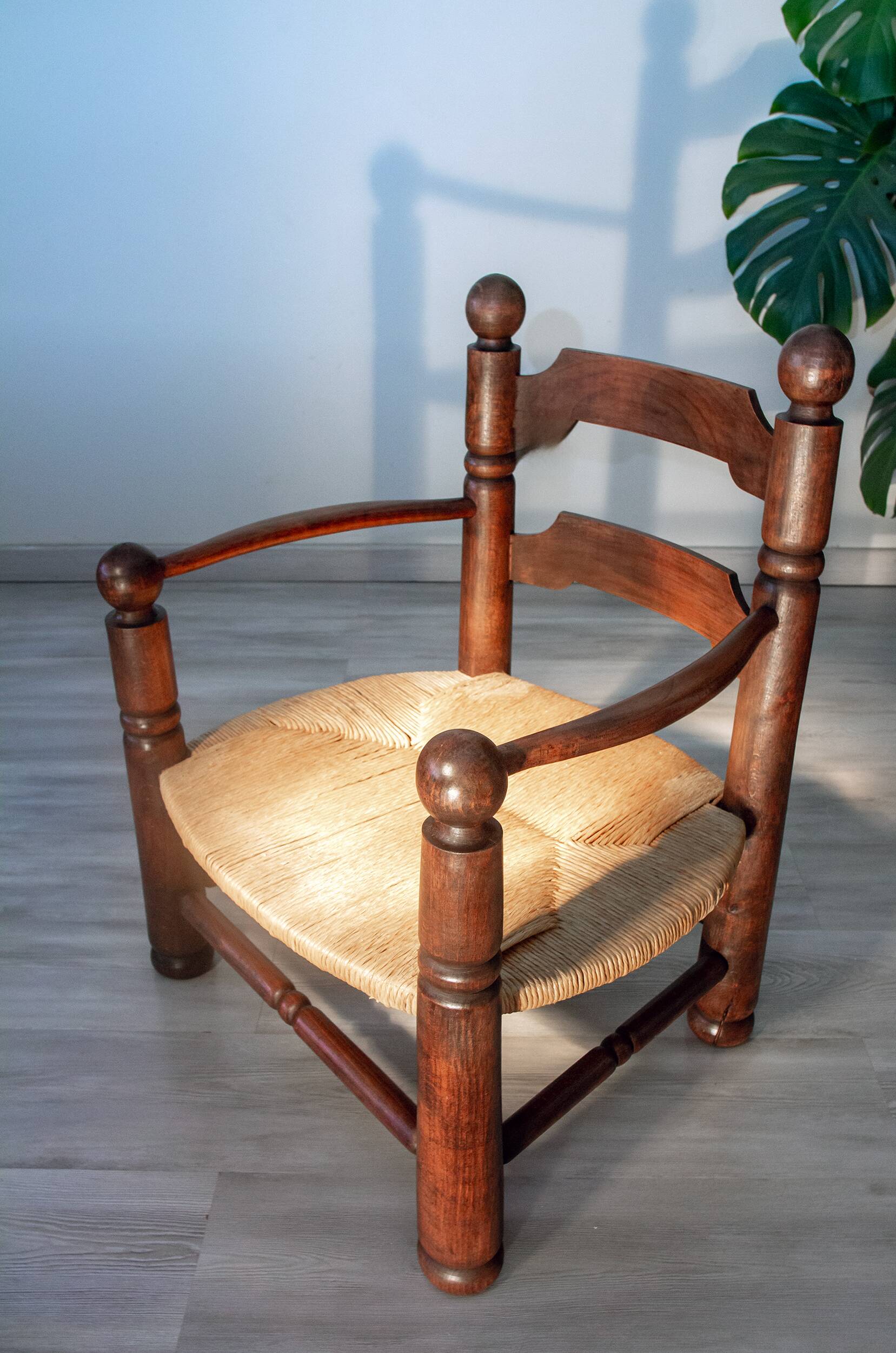 Oak and rush armchair, brutalist style, Charles Dudouyt, 1940s