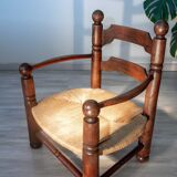 Oak and rush armchair, brutalist style, Charles Dudouyt, 1940s