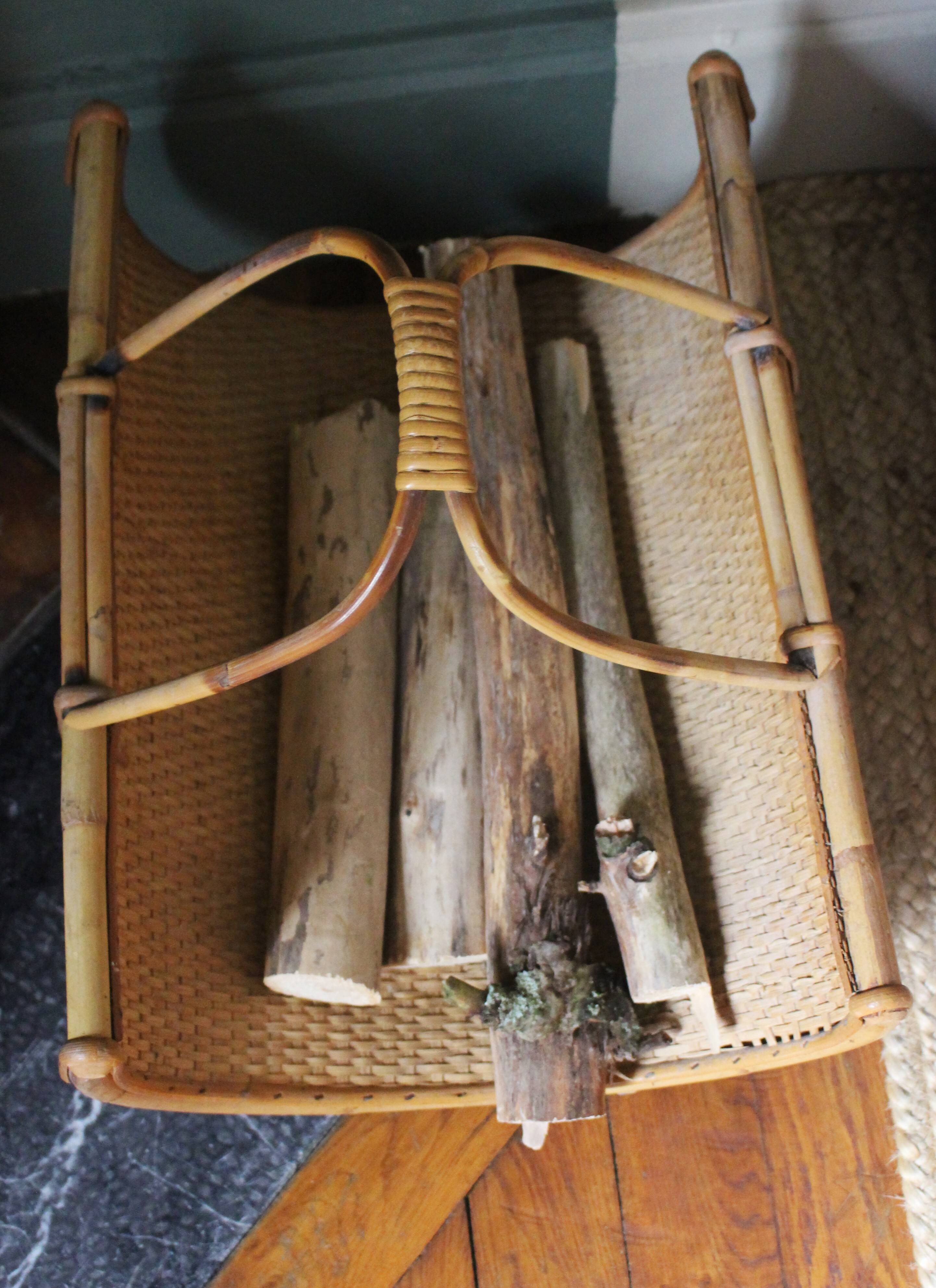 Porte revues panier bûches rotin osier vintage