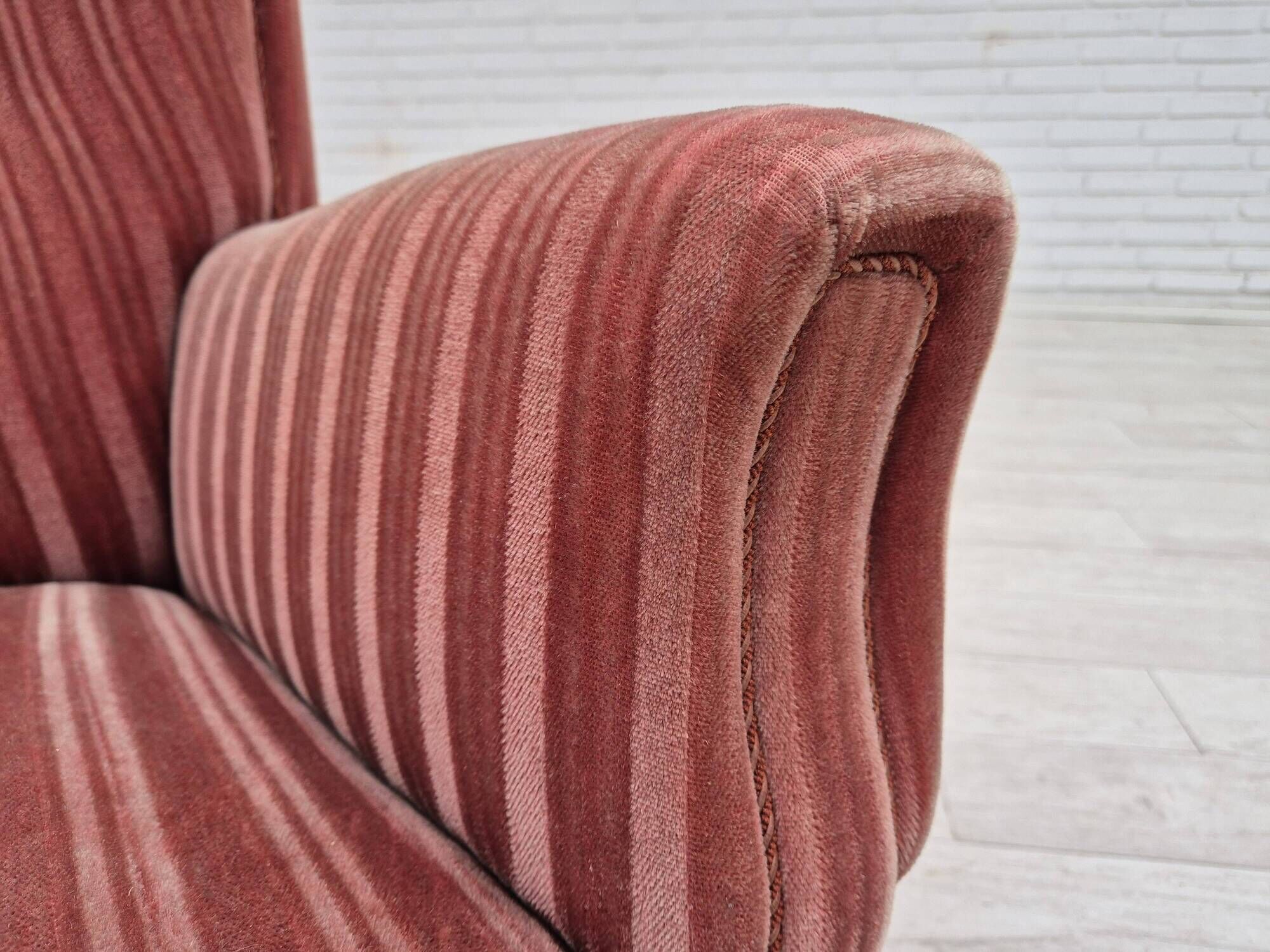 1960s, Danish 3-seater curved sofa, pink-salmon furniture velour, original.