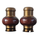 Vintage salt and pepper shaker duo in brass and turned wood.