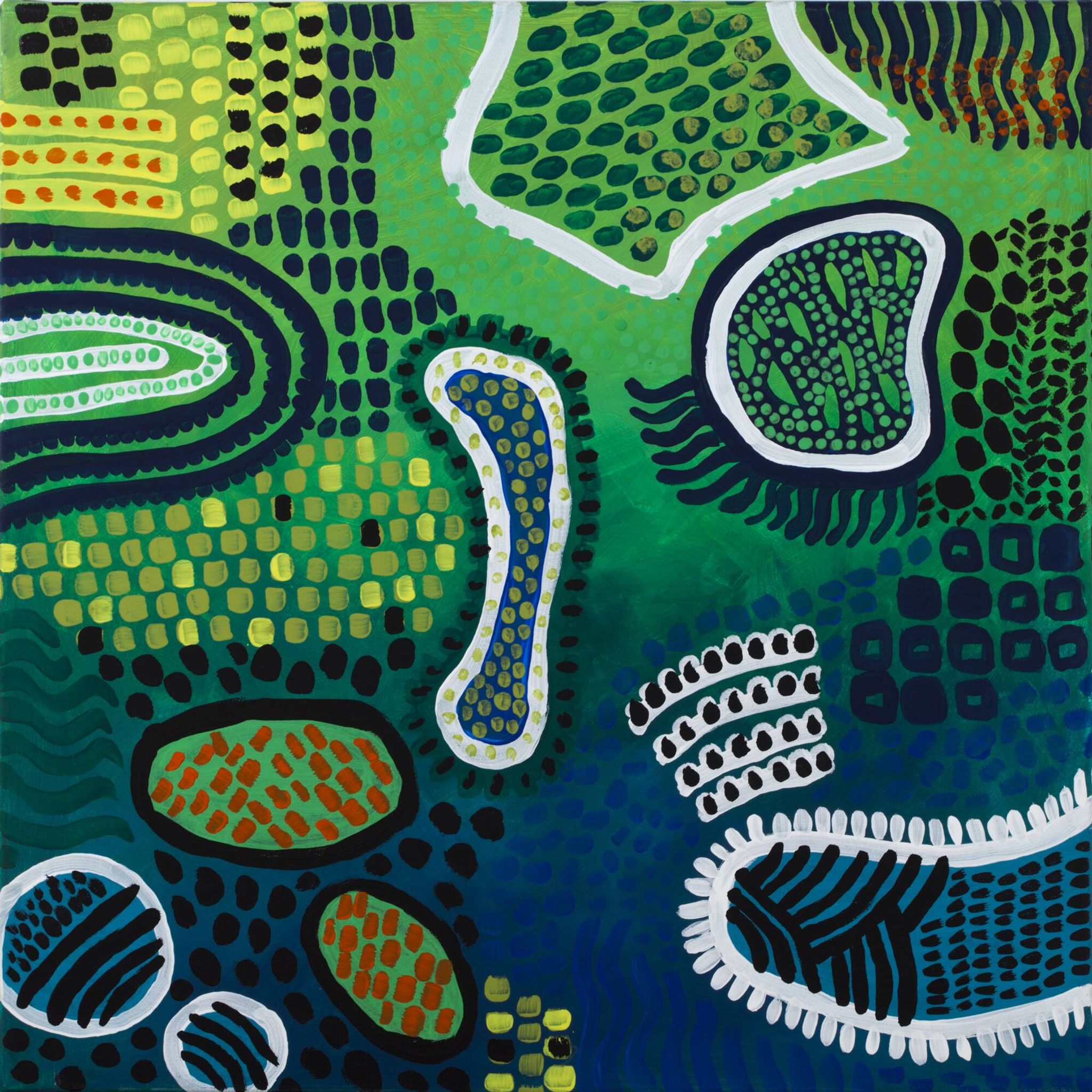 Peinture abstraite moderne verte, jaune, bleue et blanche avec techniques mixtes