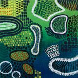 Modern abstract green, yellow, blue and white mixed media painting