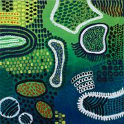 Peinture abstraite moderne verte, jaune, bleue et blanche avec techniques mixtes
