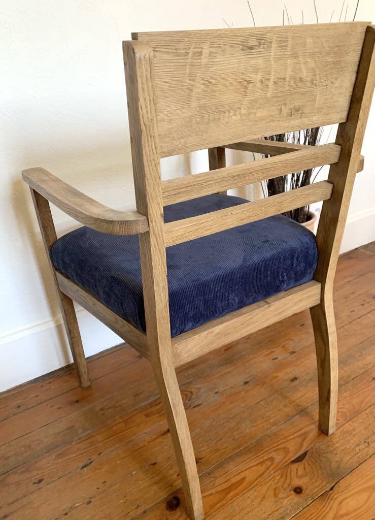 Art Deco armchair in solid wood and blue corduroy fabric