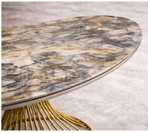 Extendable oval table in ceramic with marble effect and golden central base – Sty