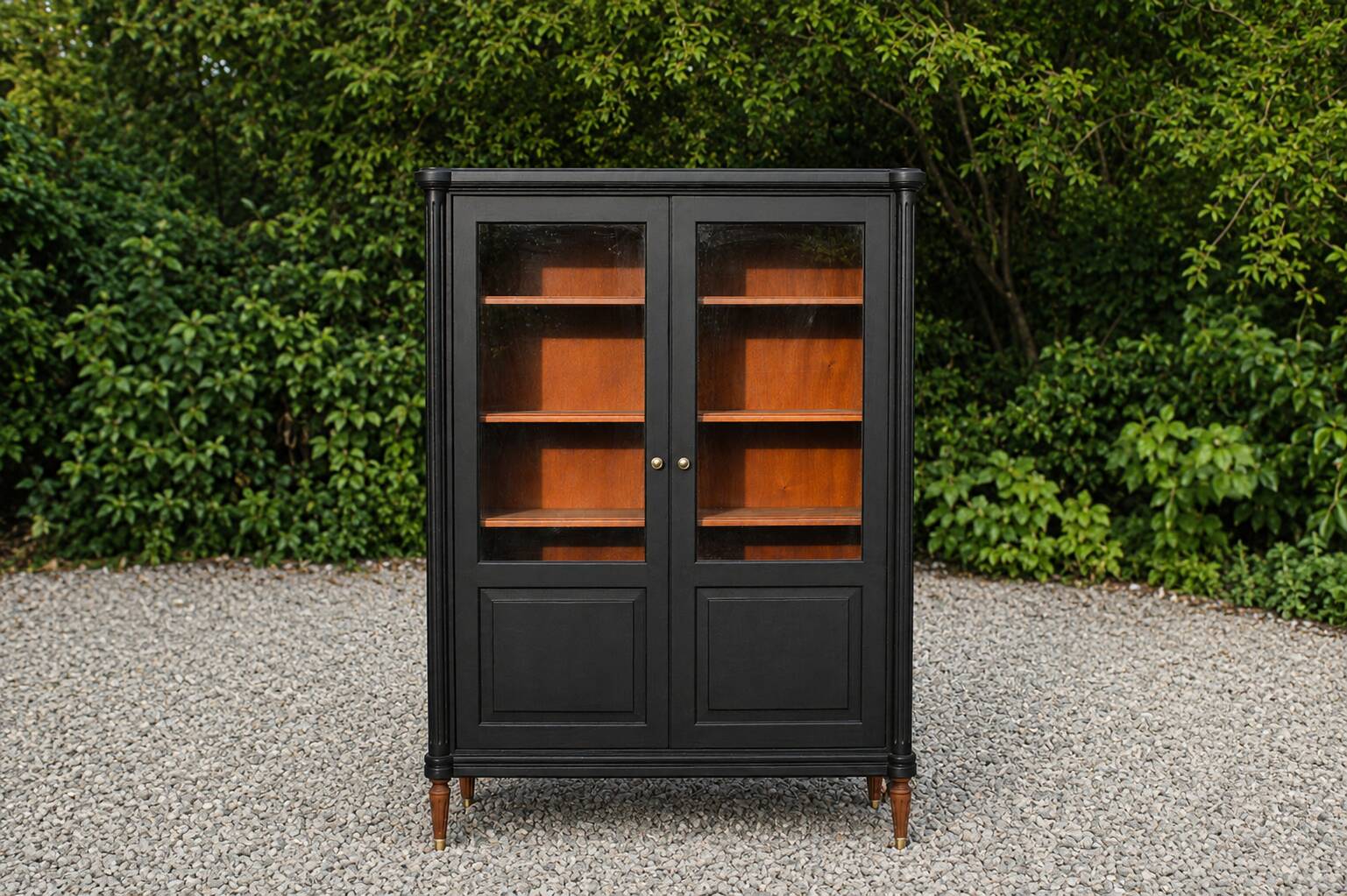 Renovated black antique Louis XVI style display cabinet, glass-fronted bookcase.