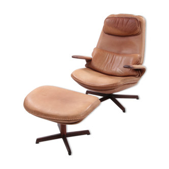 Fauteuil réglable en cuir Buffalo danois et pouf par M&S Mobler Danemark des années 1960