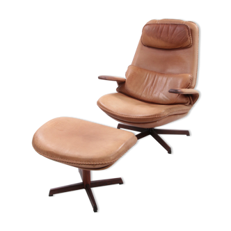Danish Buffalo leather adjustable armchair & ottoman set by M&S Mobler, 1960s Denmark