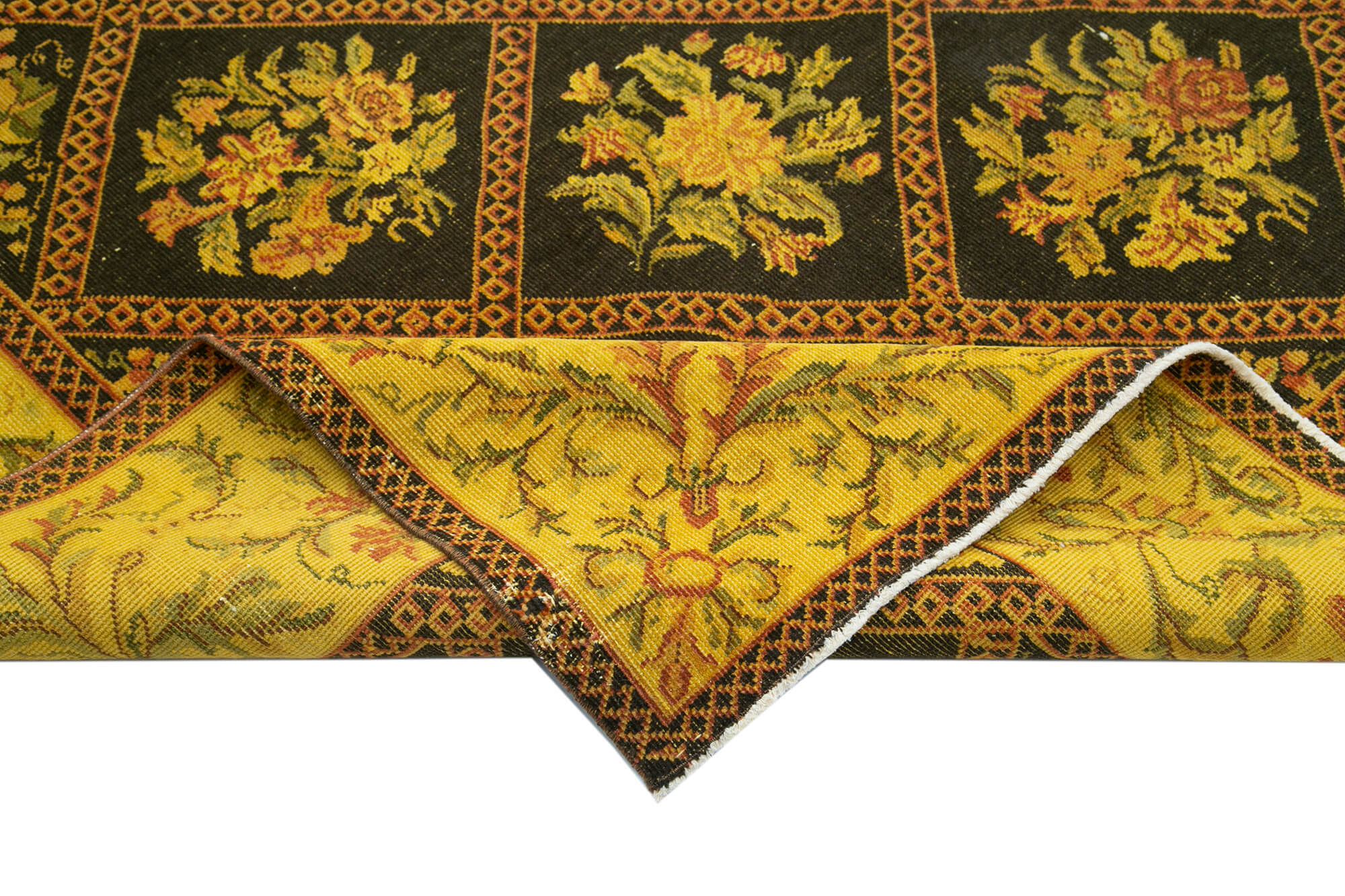Handwoven persian overdyed 291 cm x 404 cm yellow wool rug