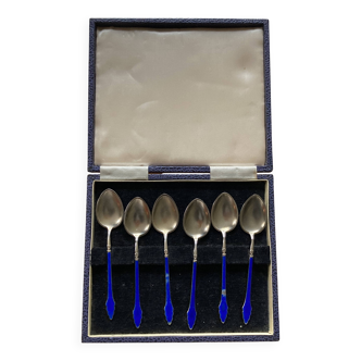 Coffee spoons late 19th century SOLID SILVER 995 3 hallmarks + ROYAL BLUE enamel ENGLISH origin