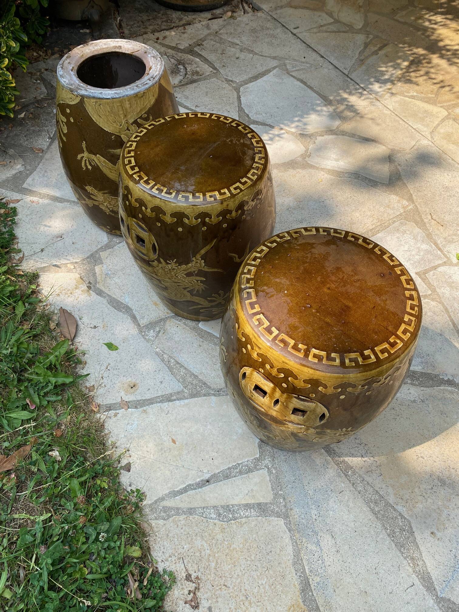 3 ceramic dragon stools