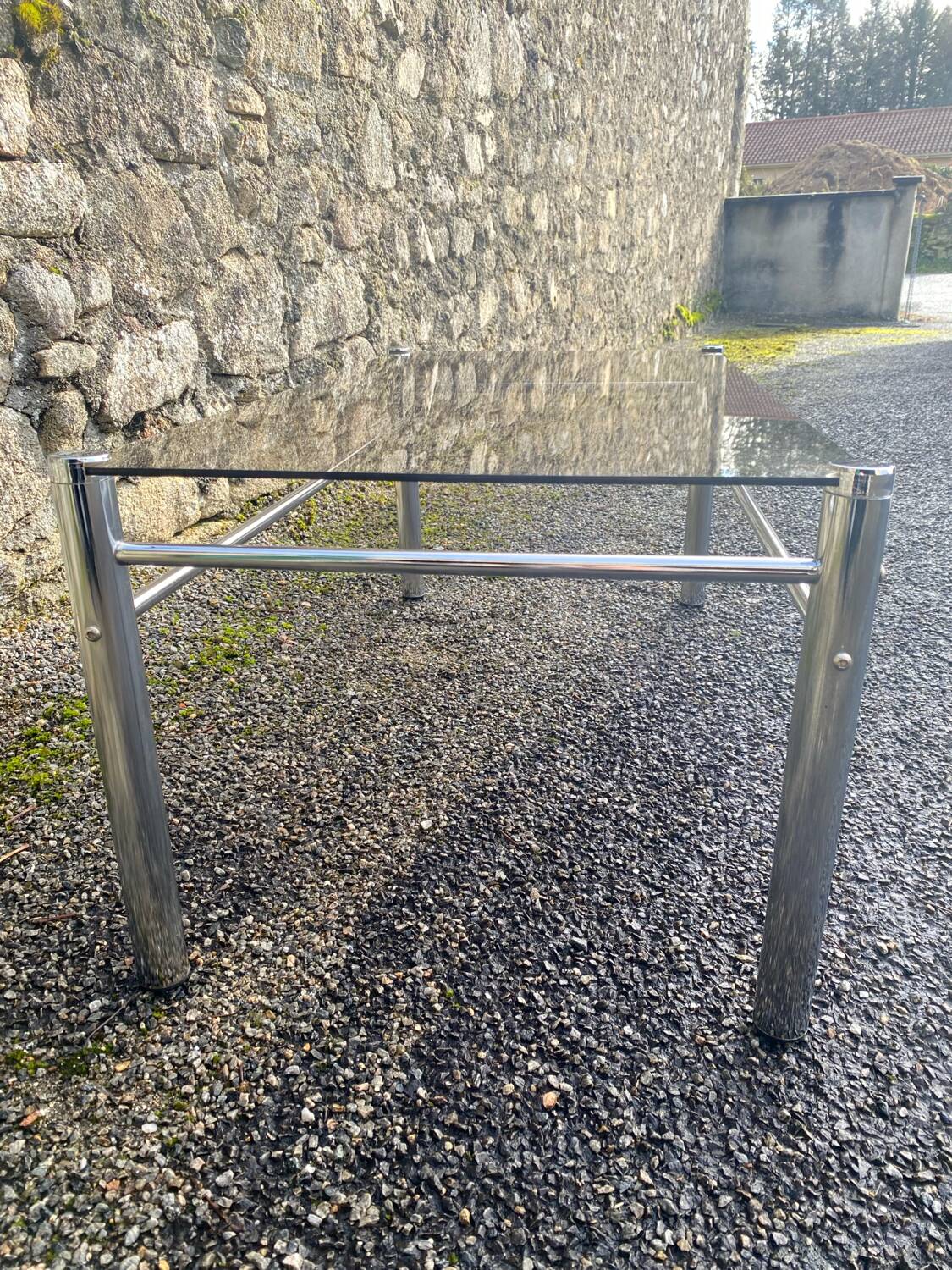 VINTAGE 1970 RECTANGULAR COFFEE TABLE WITH FLAT CHROME TUBULAR LEGS