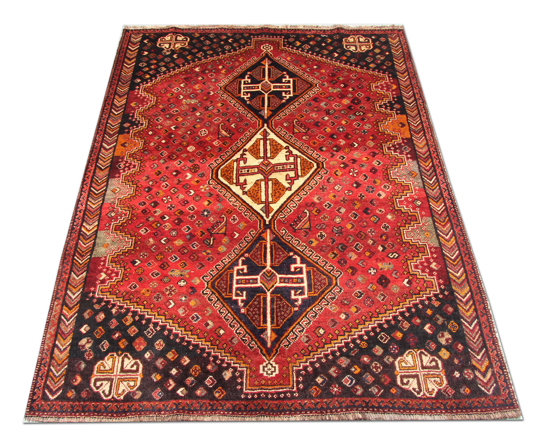 Hand made vintage persian rug traditional oriental red blue wool carpet 142x200cm