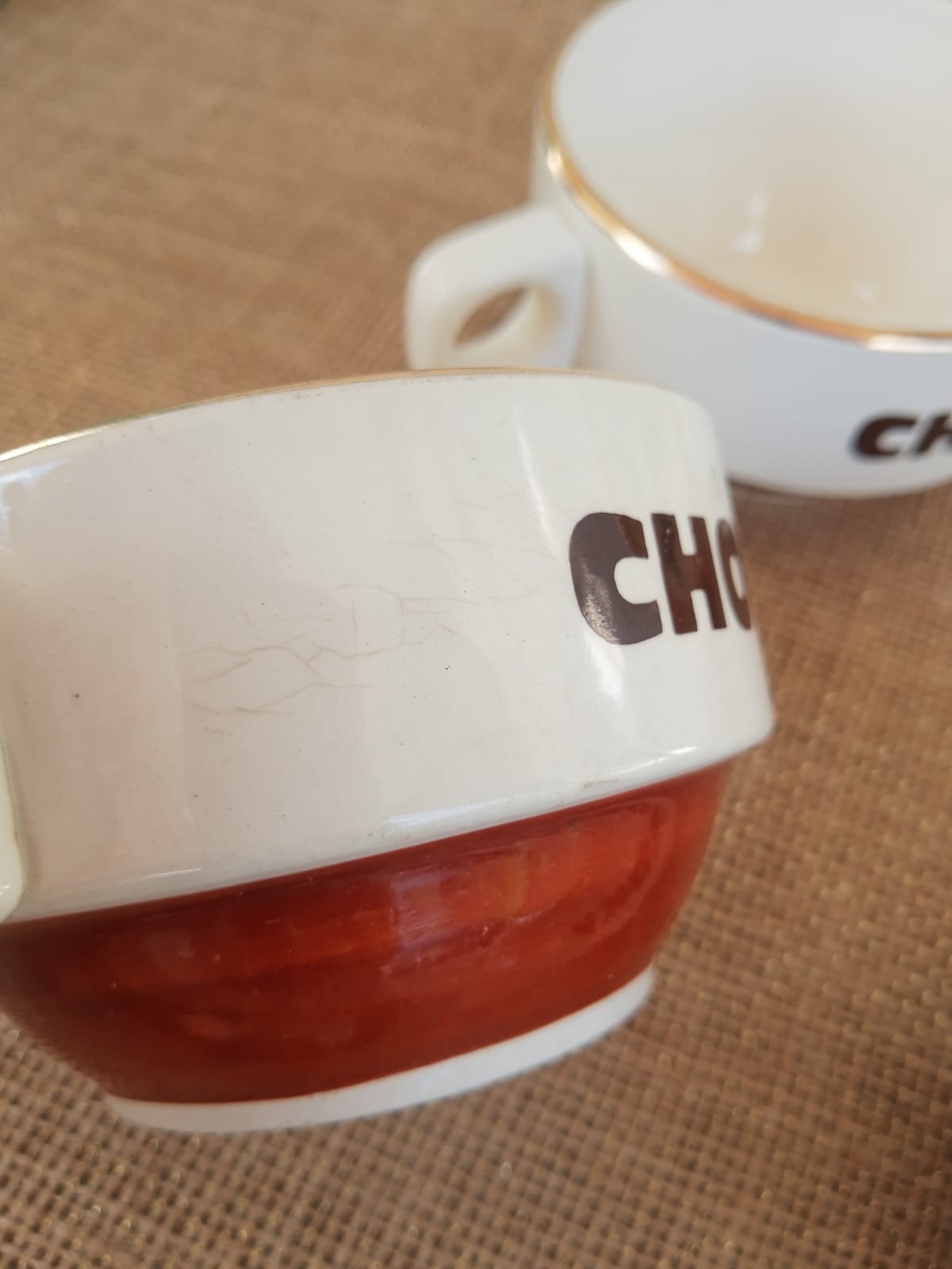 Ensemble de 4 tasses et 4 sous-tasses chocolat Choky bistrot publicitaire - vintage