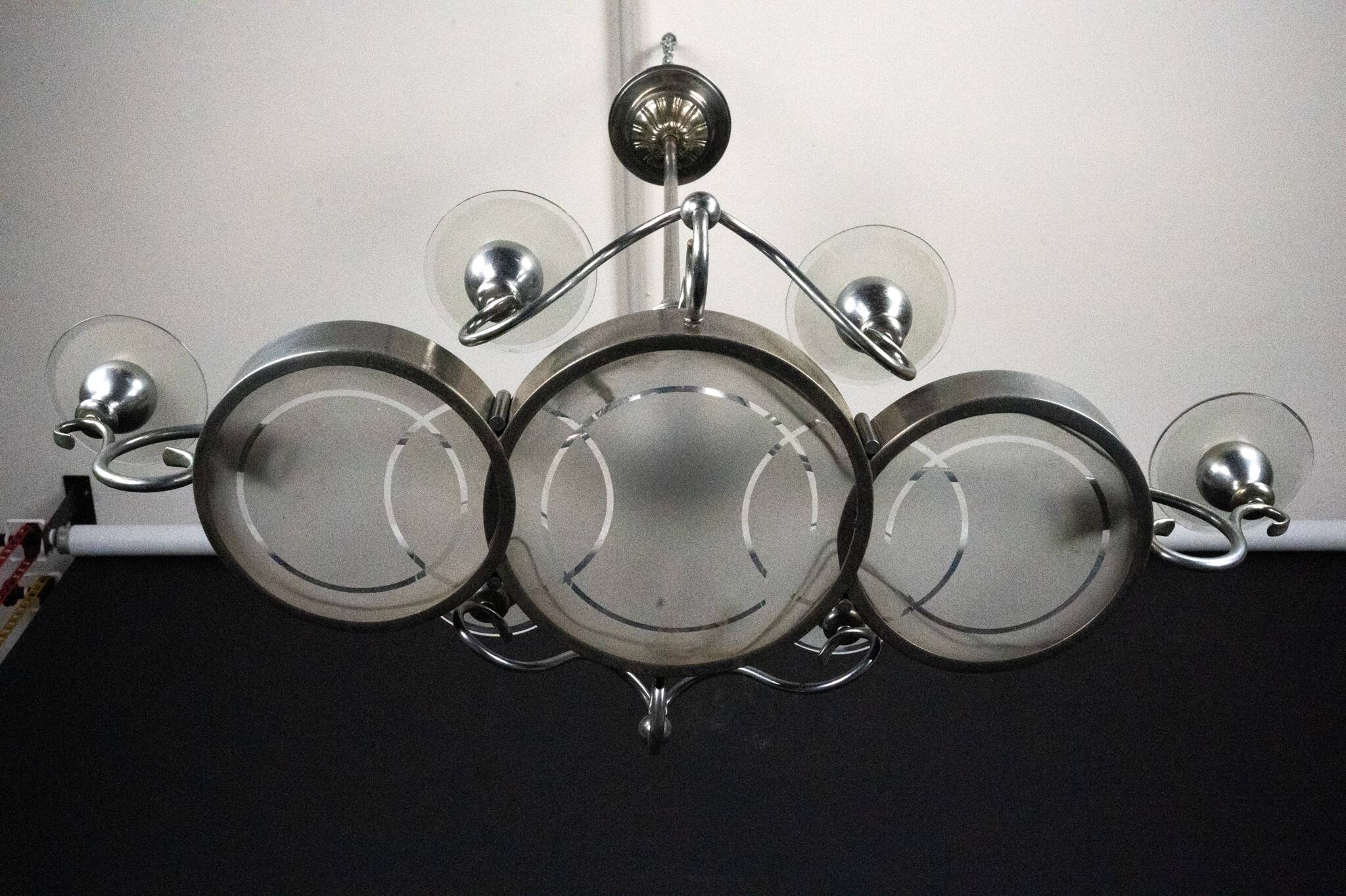 Art Deco Italian Chandelier in Nickel Brass and Frosted Glass, 1930s