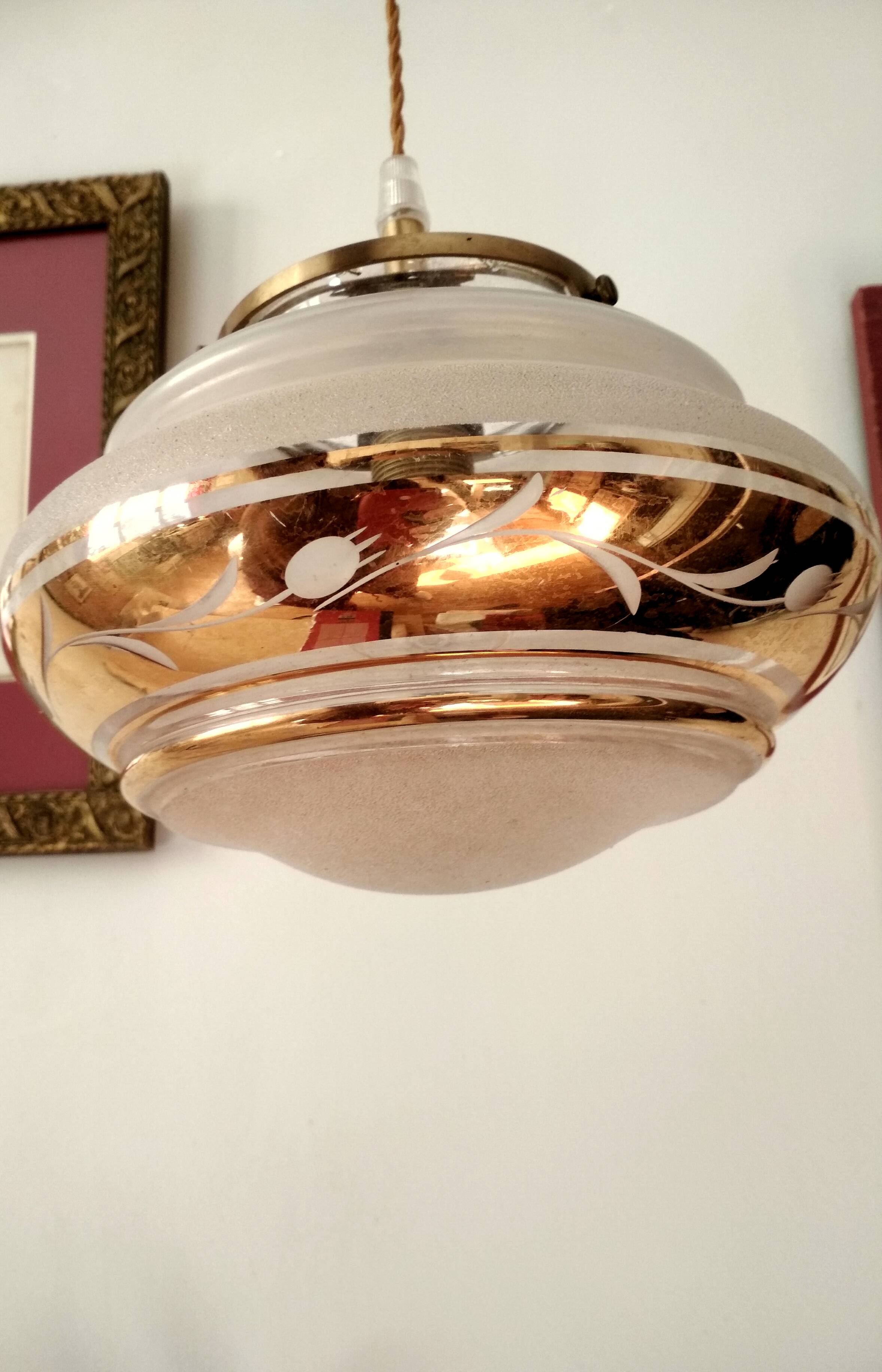 White and gold opaline globe hanging lamp 1950