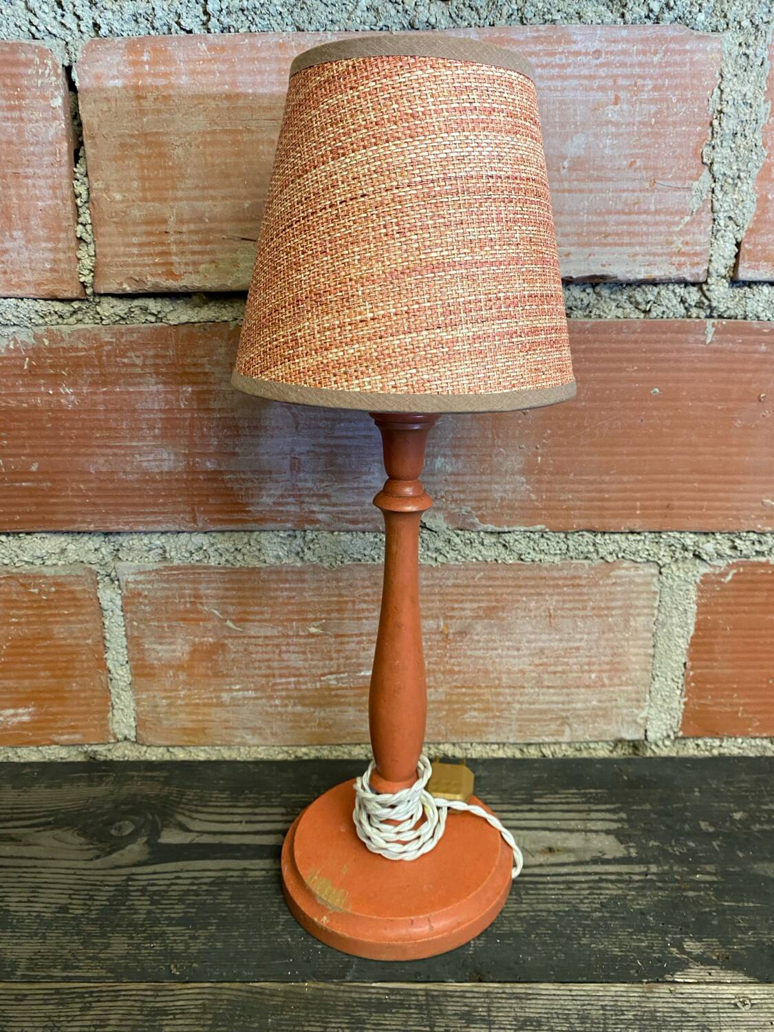 Pair of antique turned wood bedside lamps with push button switch
