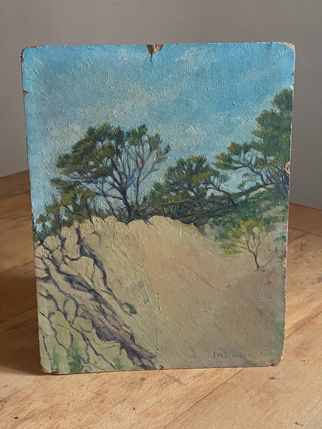 Old oil painting of a maritime landscape