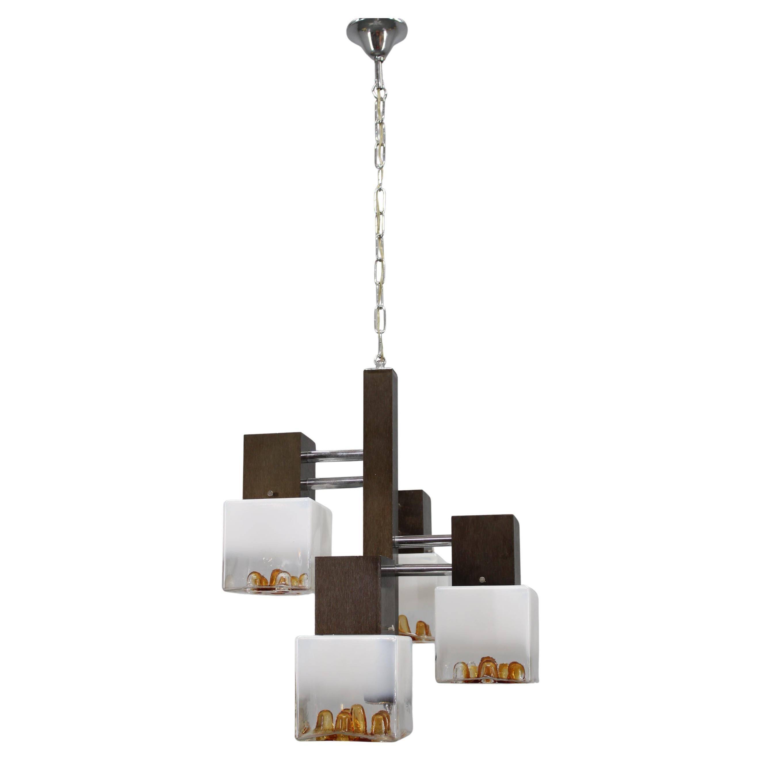1970s Italian chandelier with Murano glass shades and anodized metal frame