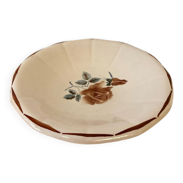 Vintage shallow dish Digoin Sarreguemines with a burgundy rose design.