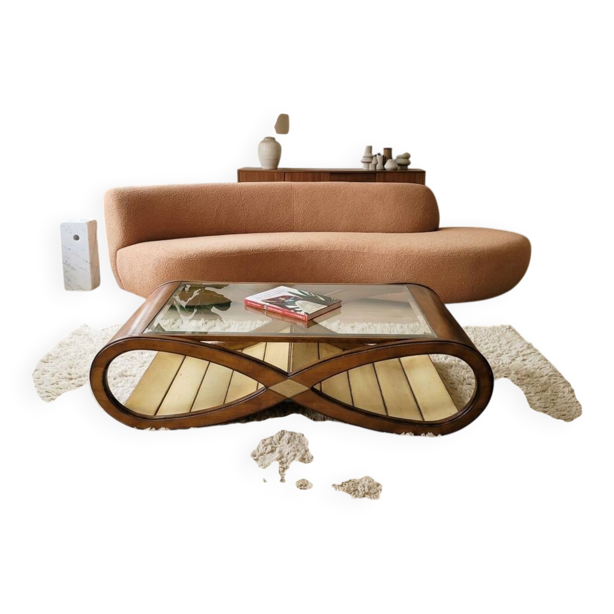 Sculptural coffee table "Infinity" in curved wood – Vintage 1970 design