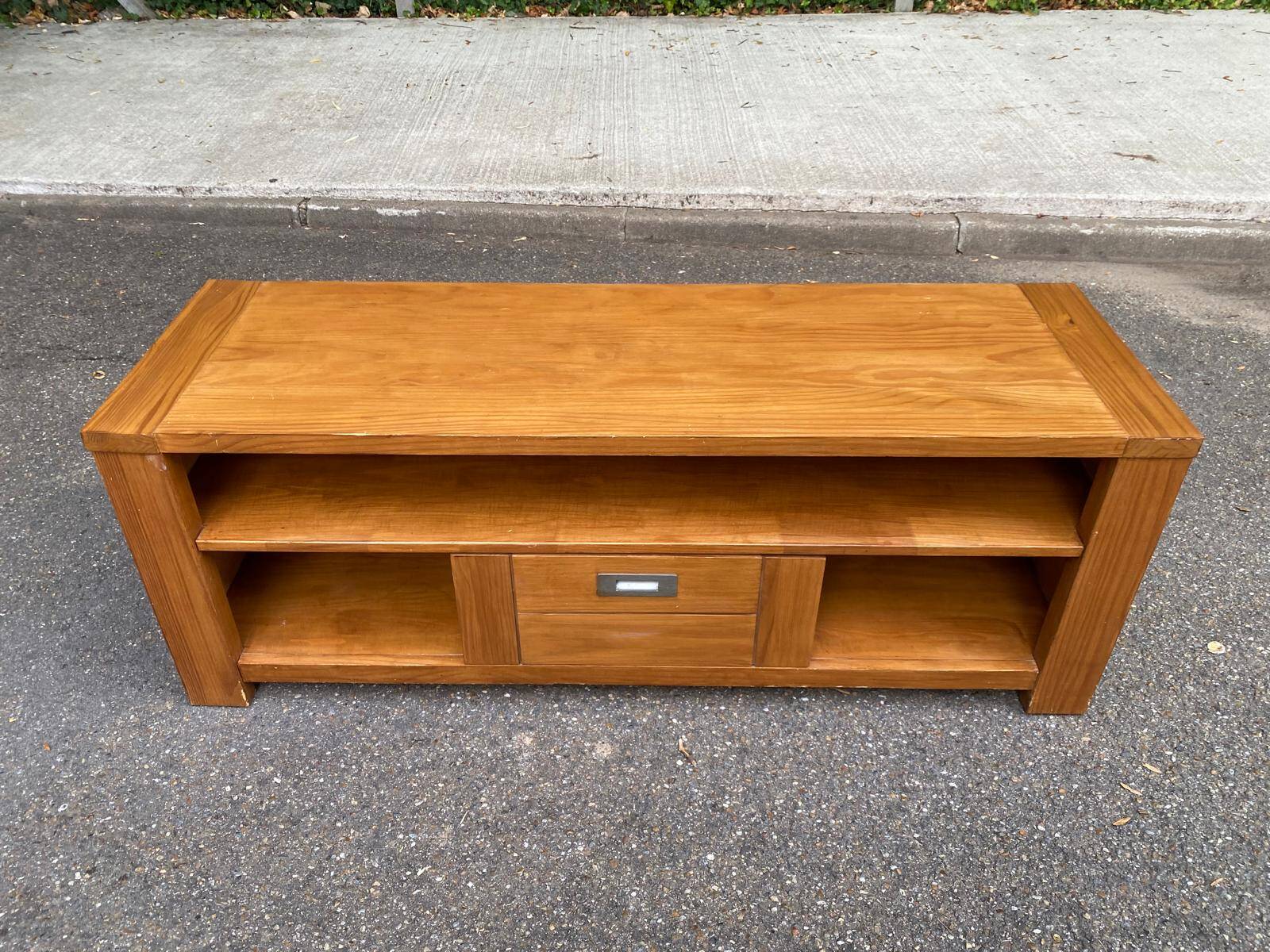 Solid pine wood TV unit stained with drawer and storage.