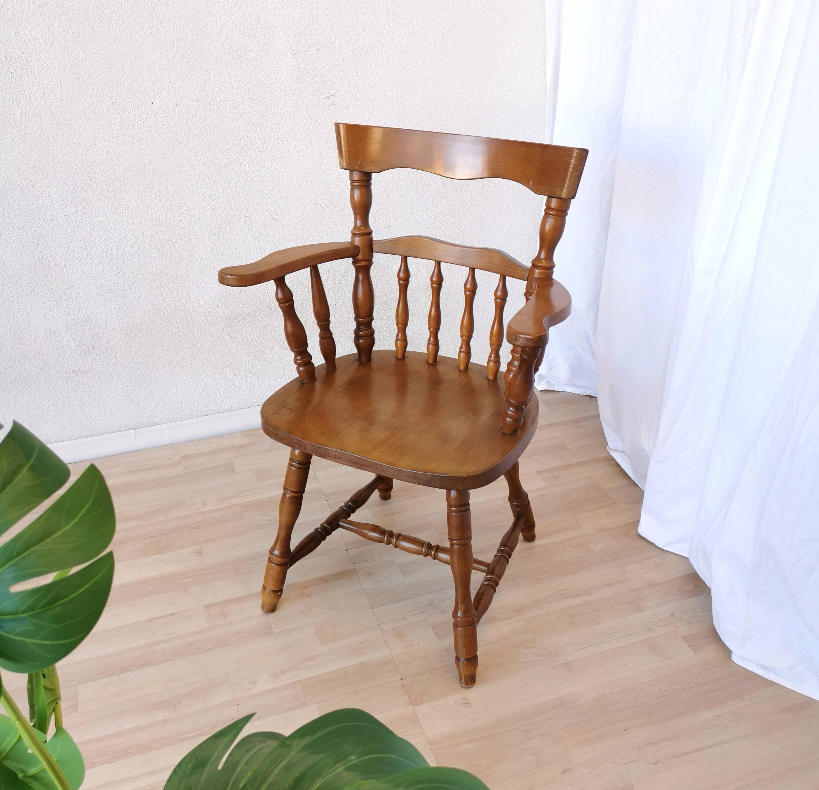 Vintage Beech Wood Windsor Dining Chair - 1970s Captains Armchair