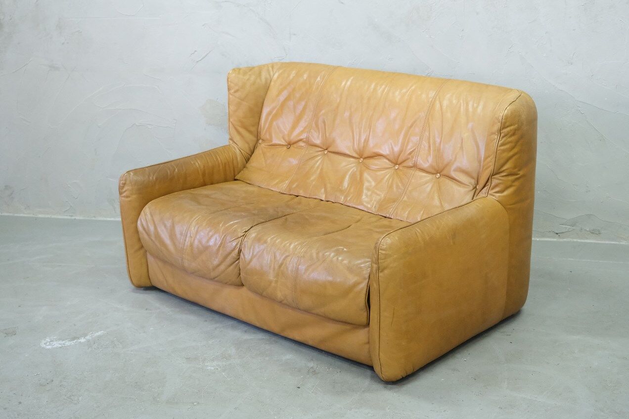 Brutalistic italian leather living room set, 1970, set of 2