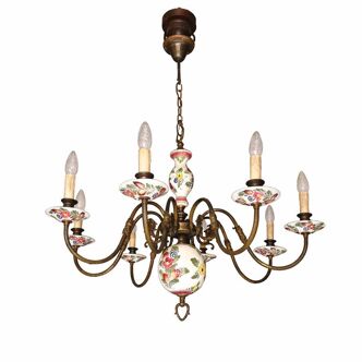 French chandelier in brass and painted porcelain – 8 lights – Ø 76 cm