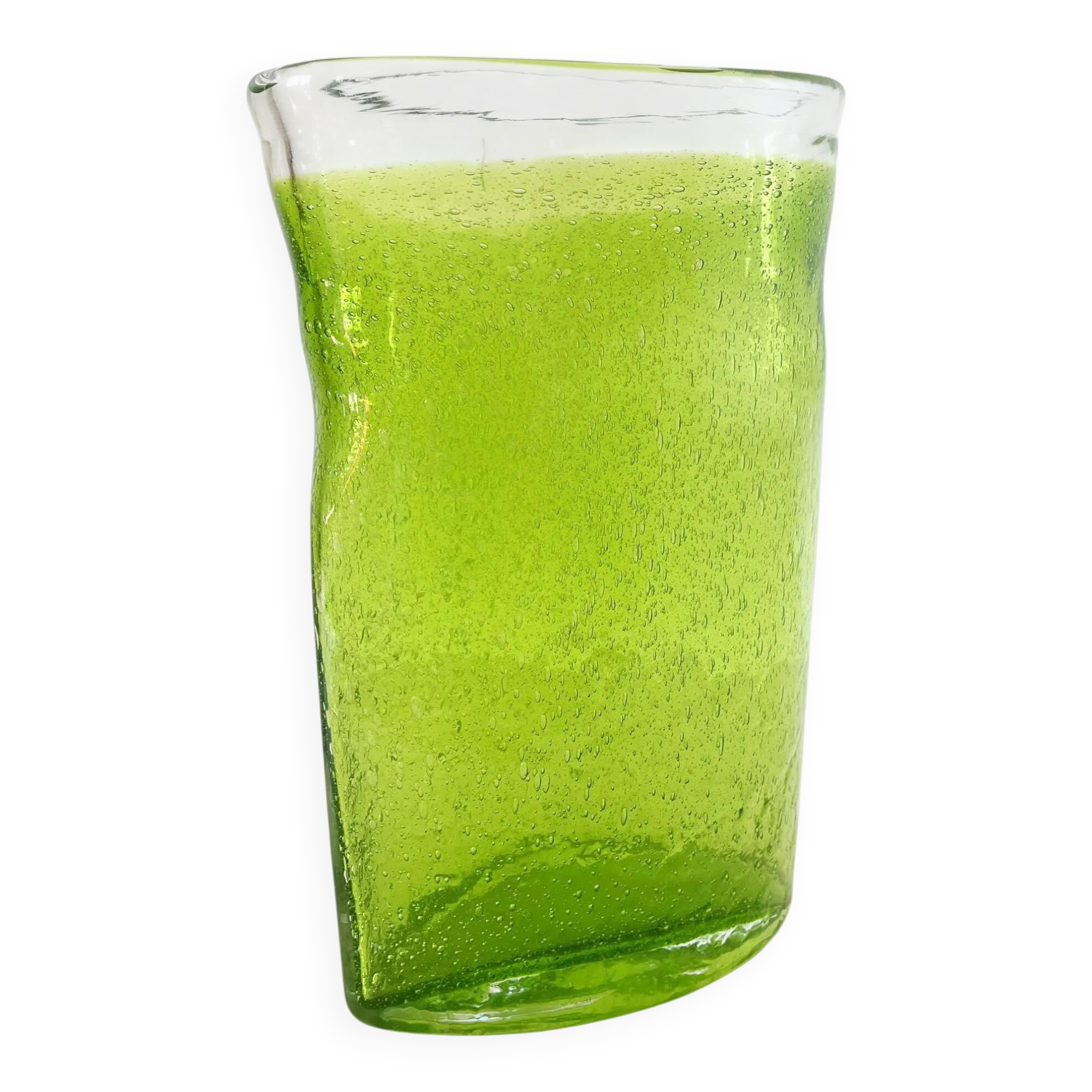 Large vintage green lemon bubble blown glass vase