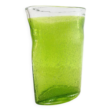 Large vintage green lemon bubble blown glass vase