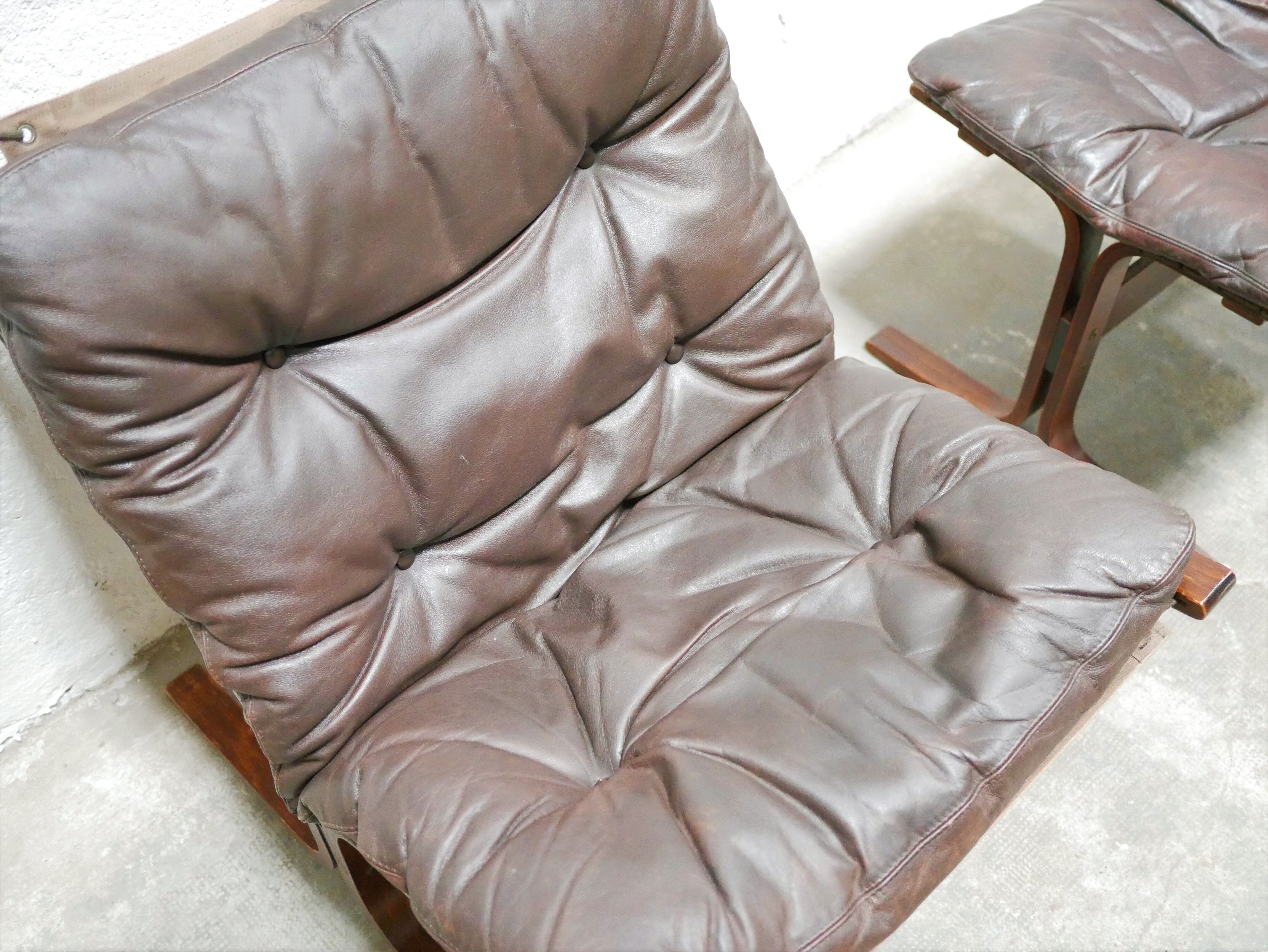 Scandinavian armchair and ottoman Siesta in brown leather by Ingmar Relling for Westnofa editions